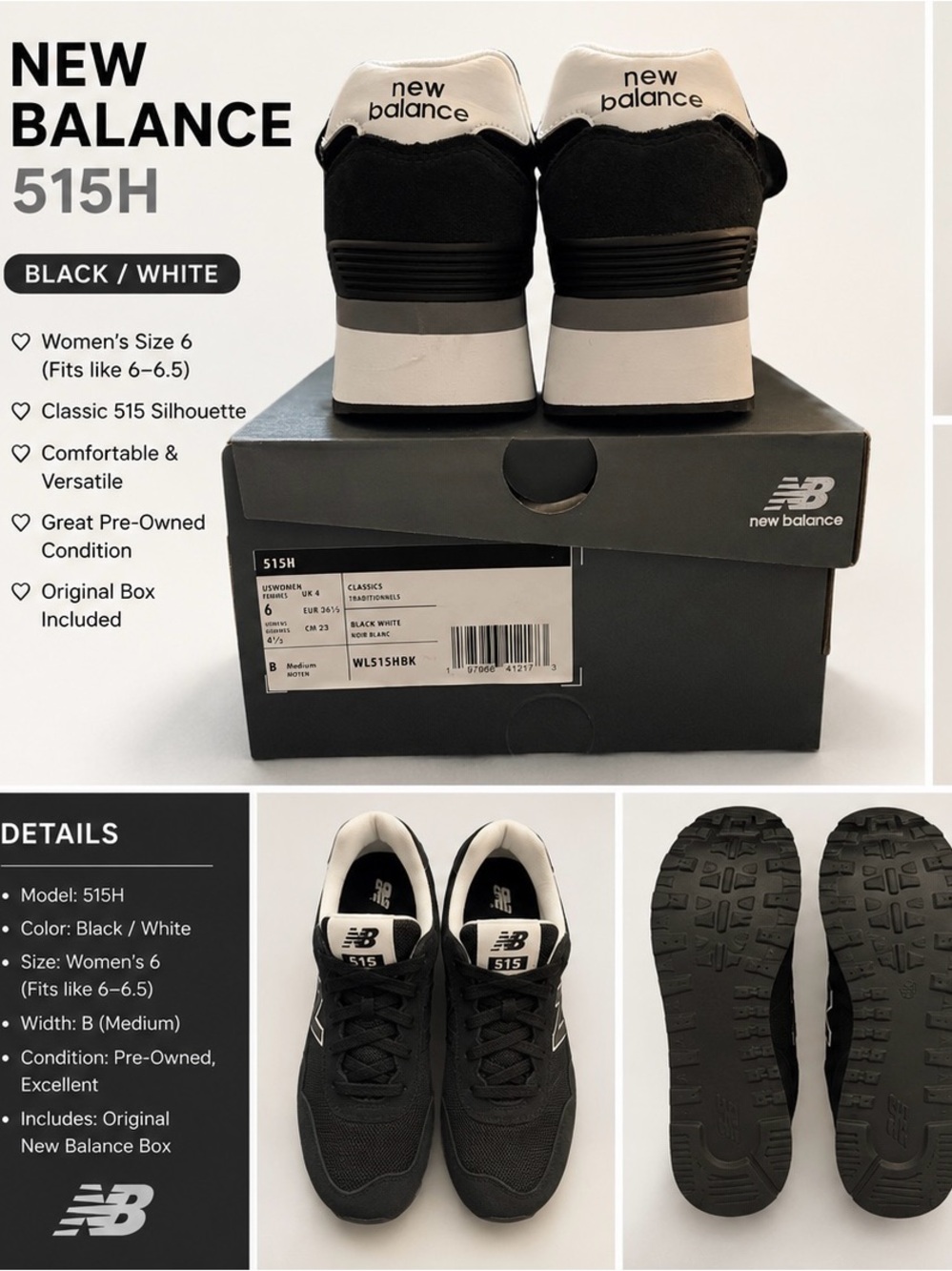 New Balance 515H Platform Sneakers Black White Women’s 6 WL515HBK EUC